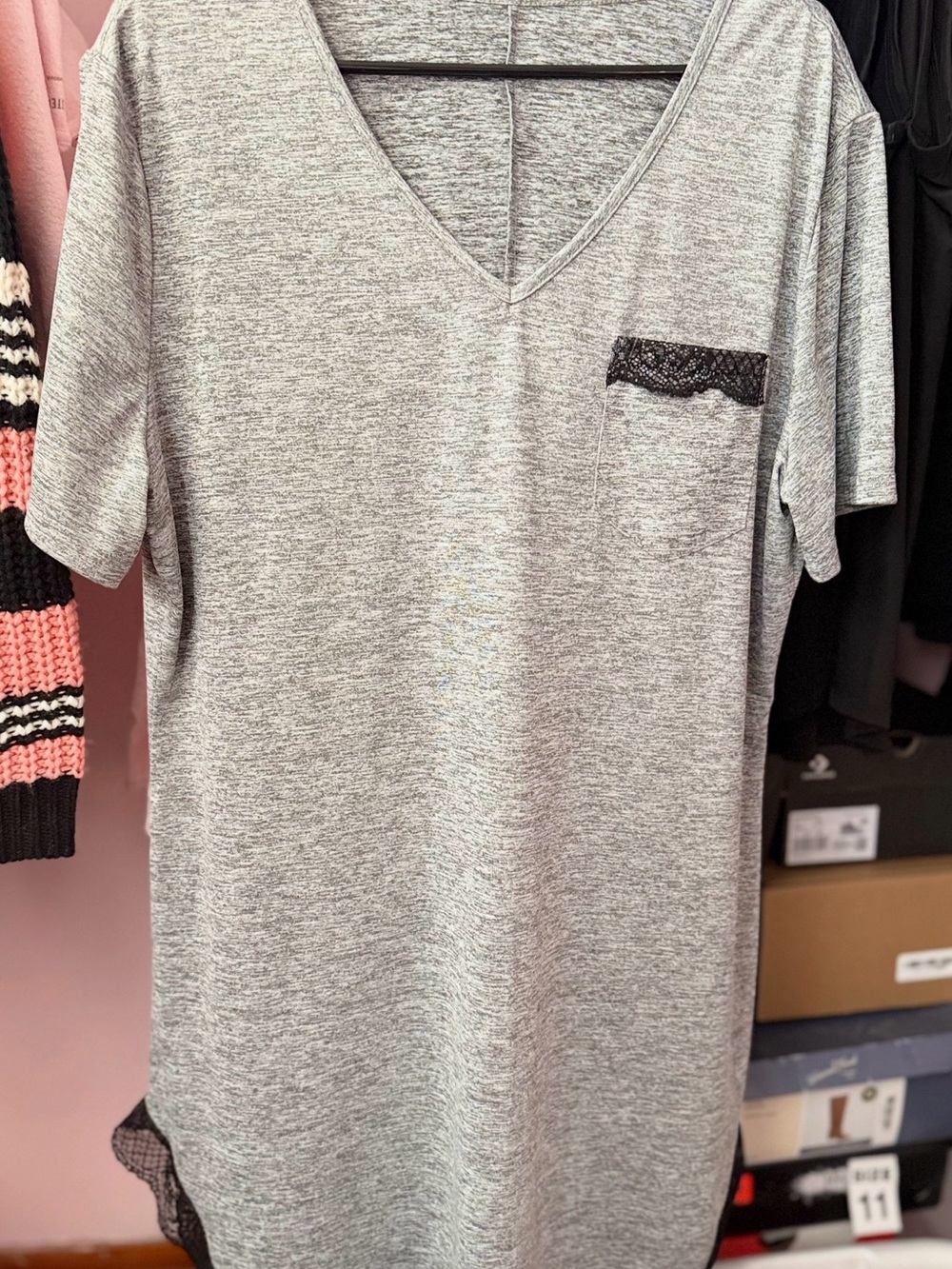 V-Neck Heather Gray Nightshirt with Lace Trim - Picture 2 of 2
